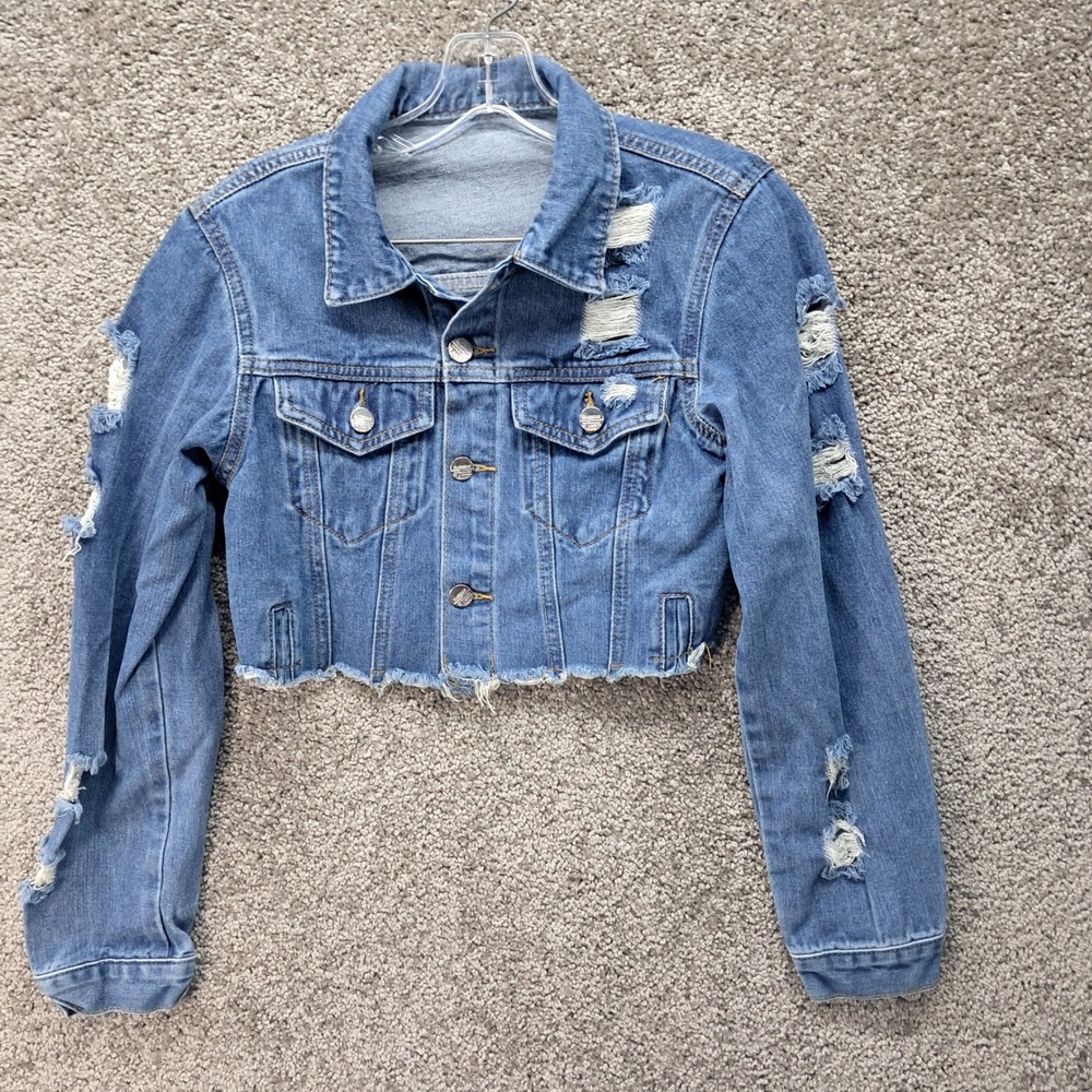 SHEIN Womens Distressed Cropped Denim Jacket Blue Medium Wash Size S 4 X1331